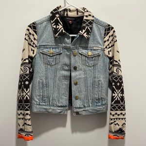 Maison Scotch Denim Jacket with Tribal Print Sleeves